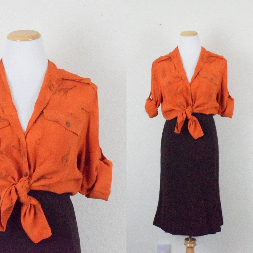 Vintage Rayon Orange Button-up‎ Blouse | 80's blouse size  S